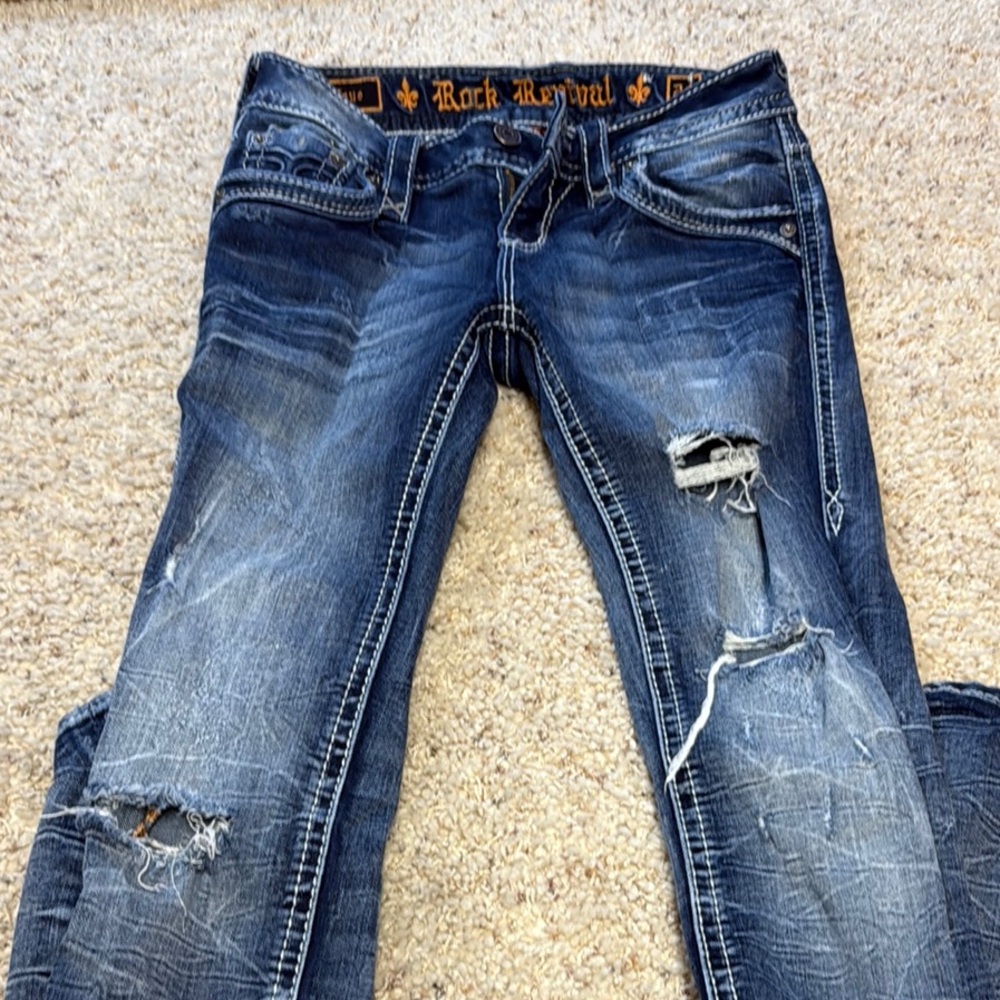 Rock Revival Dark Blue Bootcut Distressed Jeans - Picture 4 of 5